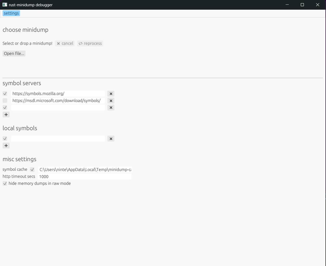 A screenshot of minidump-debugger's GUI running on my machine
